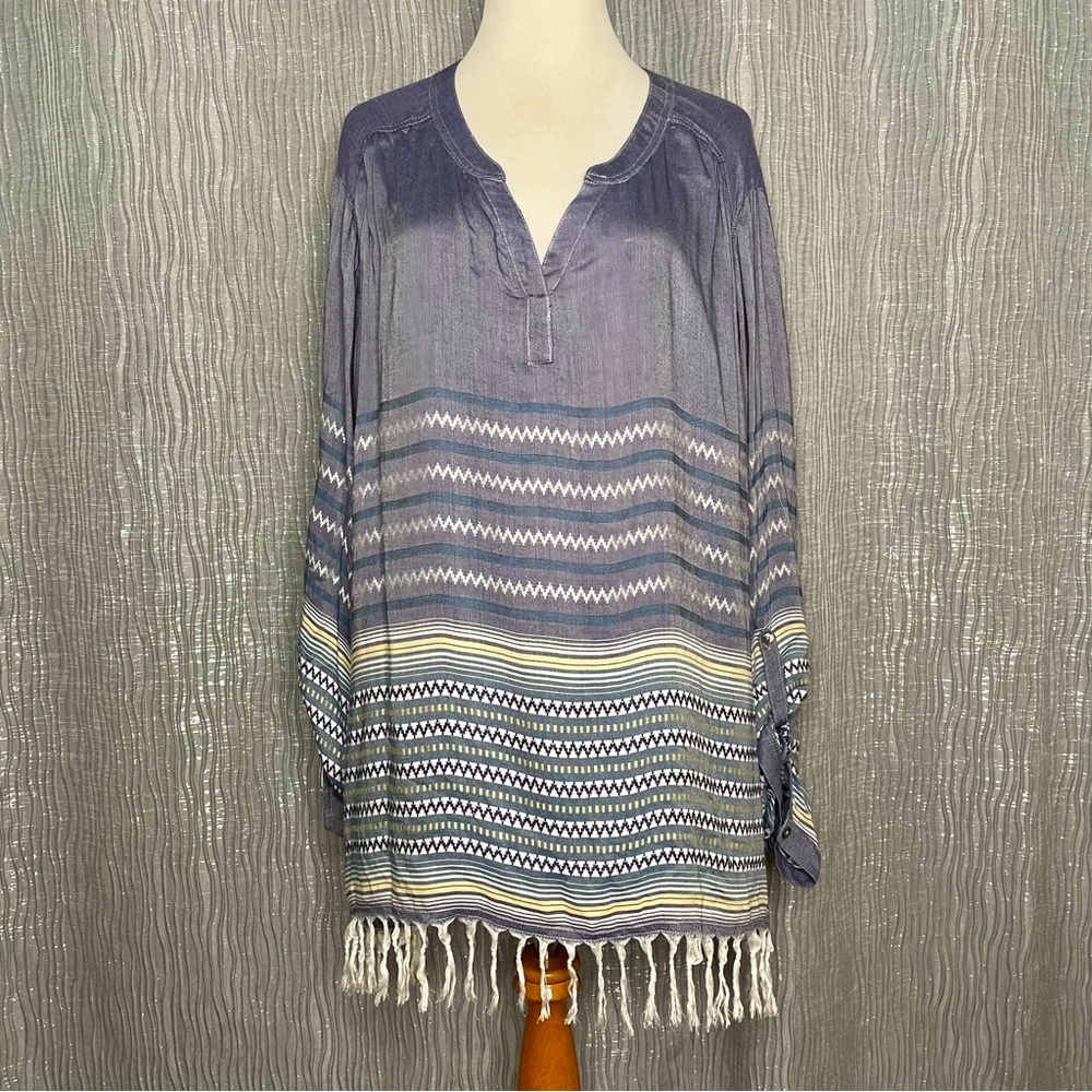 John Mark Navy and Ivory Striped Fringe Tunic Top